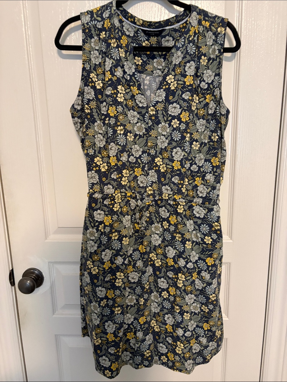 Denver Hayes Navy Floral Tie-Waist Sun Dress with Yellow & Gray Blooms